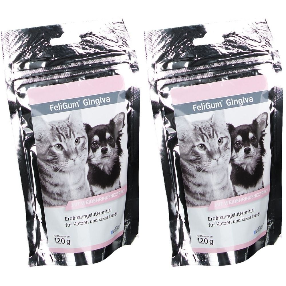 Zwei Beutel FeliGum Gingiva. Aufdruck: Katze und Hund, Ergänzungsfuttermittel für Katzen und kleine Hunde, 120 g.