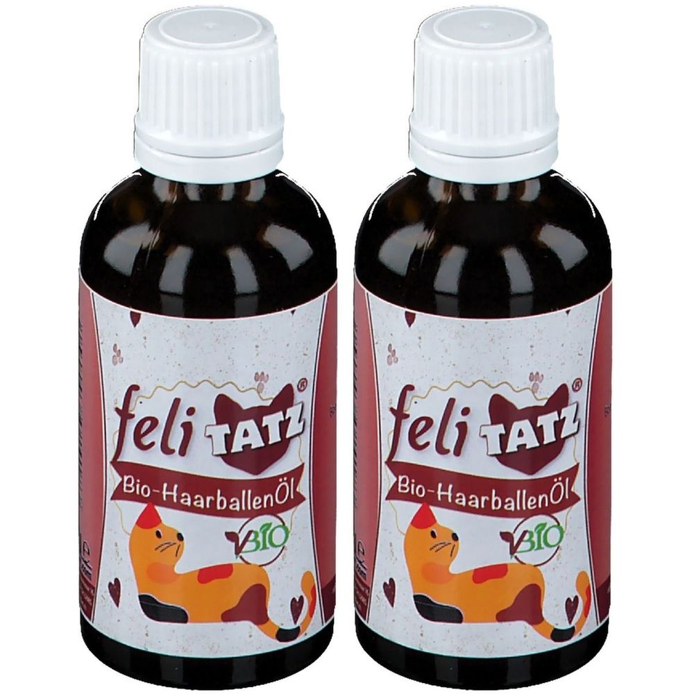 Zwei Flaschen mit brauner Flüssigkeit. Etikett mit Schriftzug „feli TATZ Bio-Haarballenöl“ und Katzen-Illustration. Bio-Siegel.