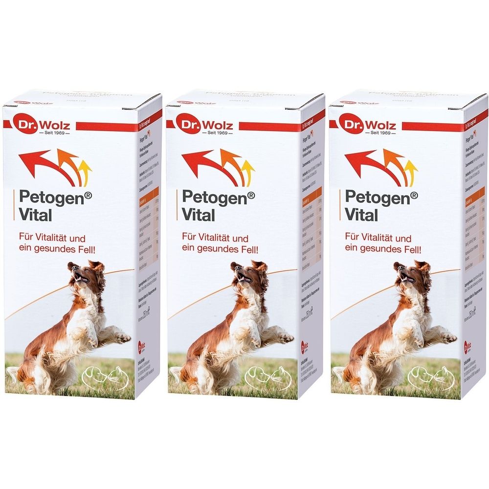 Drei weiße Kartons mit Produktnamen Petogen Vital. Aufdruck: Dr. Wolz, ein Hund, Pfeil-Logo. Text: Für Vitalität und ein gesundes Fell!