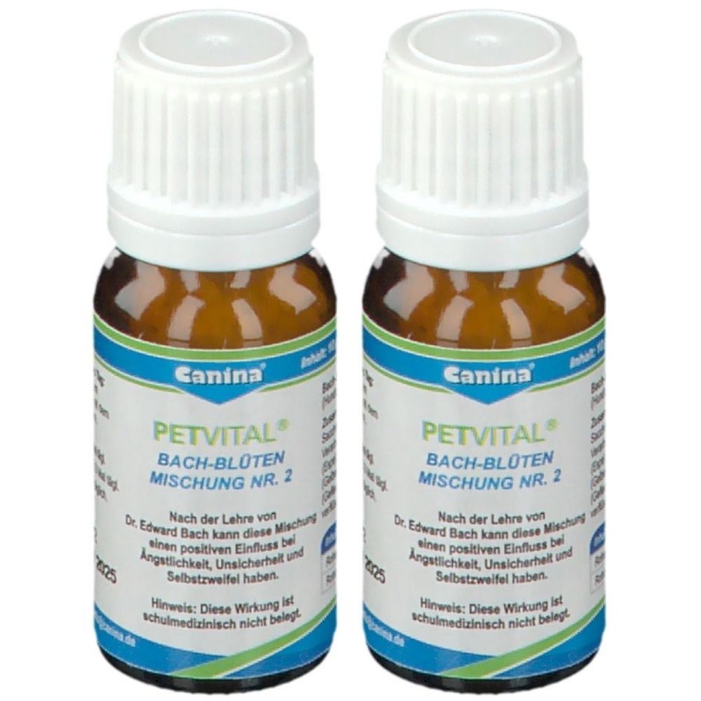Zwei braune Glasflaschen mit weißen Schraubverschlüssen. Auf den Etiketten steht "Canina PETVITAL Bach-Blüten Mischung Nr. 2".