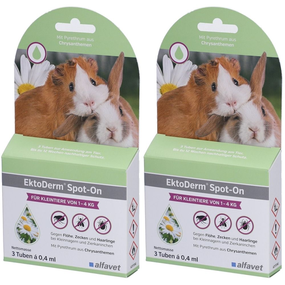 Zwei Produktverpackungen mit dem Produktnamen EktoDerm Spot-On. Aufdrucke: Für Kleintiere, 3 Tuben, alfavet. Abbildung: Meerschweinchen und Kaninchen.