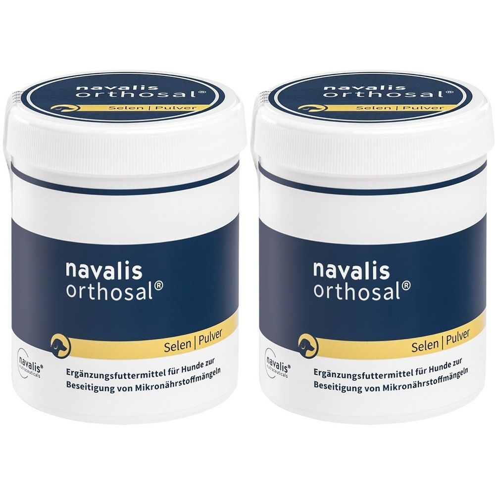 Zwei weiße Dosen mit blauem Etikett. Aufschrift: navalis orthosal®, Selen/Pulver. Ergänzungsfuttermittel für Hunde.