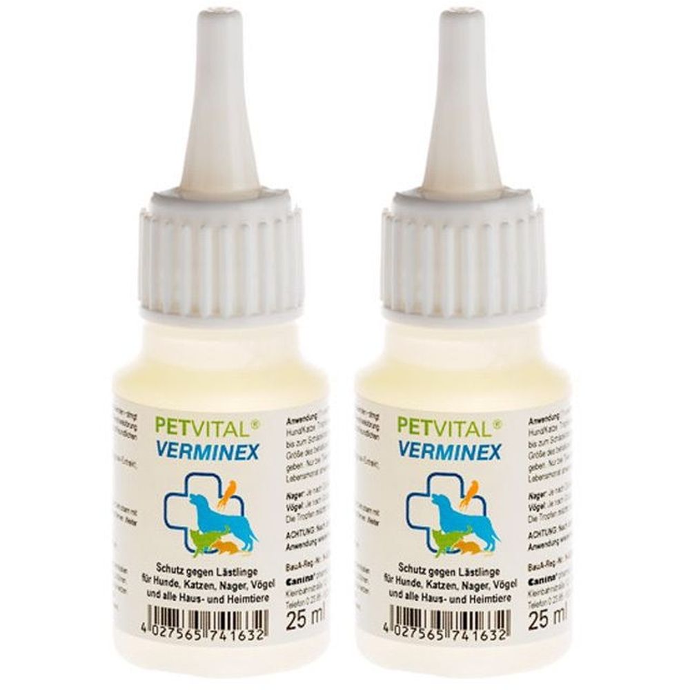 Zwei Flaschen PETVITAL Verminex. Weiße Spitze, gelbliche Flüssigkeit. Aufschrift: Schutz gegen Lästlinge. 25 ml.