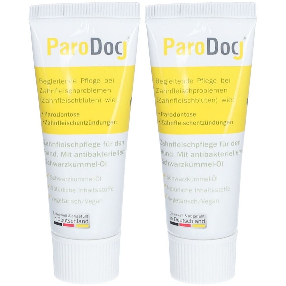 Zwei Tuben ParoDoc Zahnfleischpflege. Weiße Tuben mit gelbem Mittelteil und schwarzer Schrift. Aufschrift: Parodontose, Zahnfleischentzündungen.