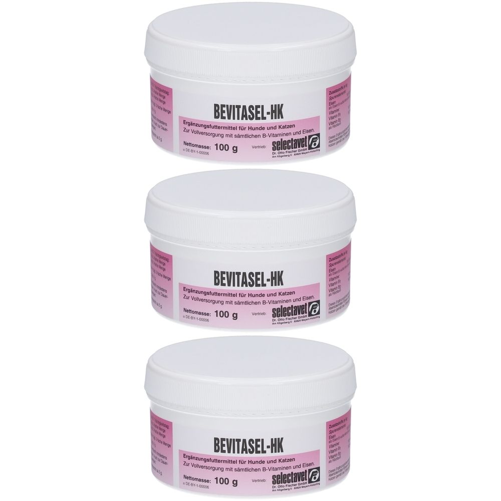 Drei weiße Behälter mit Deckel. Aufschrift BEVITASEL-HK und 100 g. Rosa Etikett mit Text. Marke Selectavet.