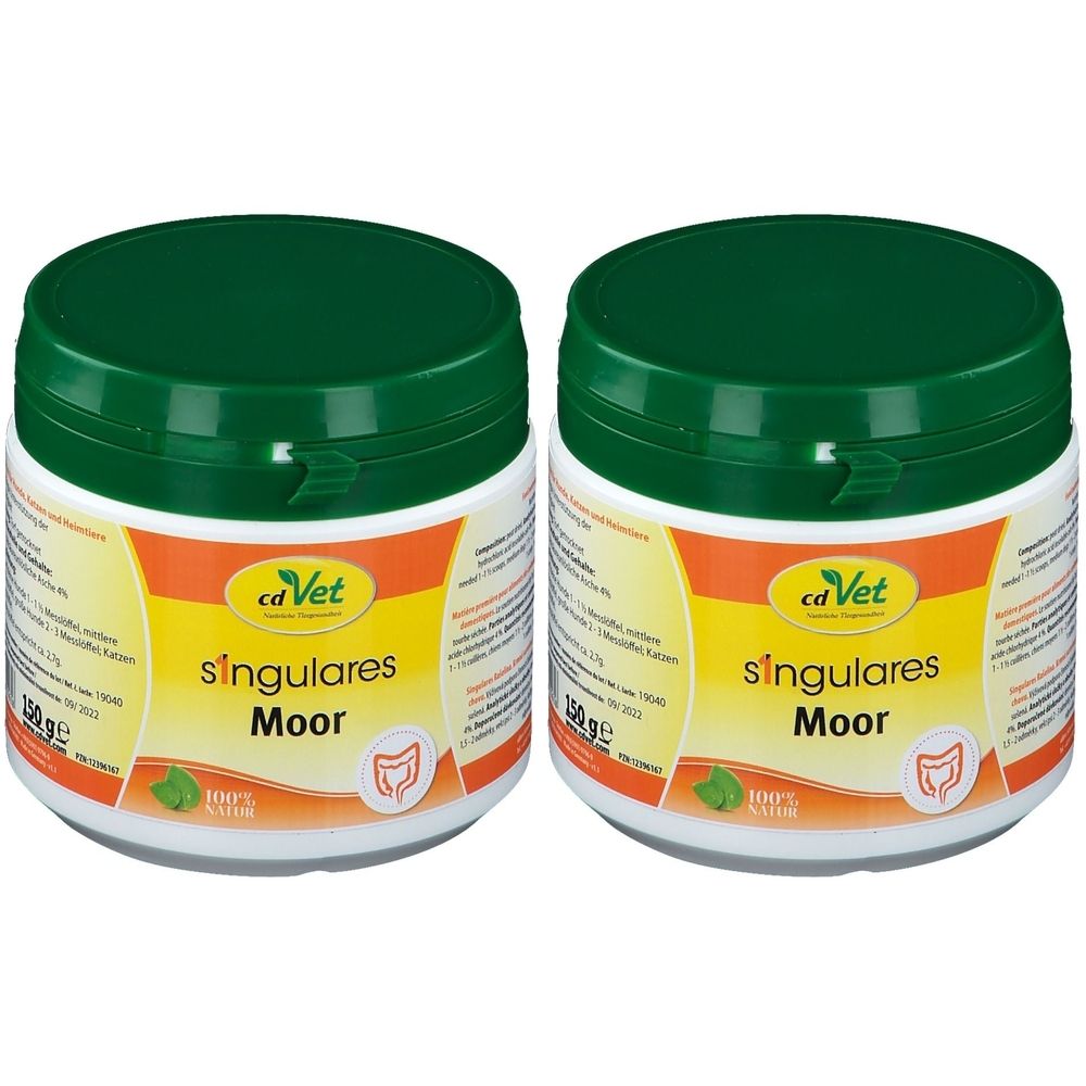 Zwei weiße Dosen mit grünem Deckel. Aufschrift: cd Vet singulares Moor. Logo mit Blatt und Darm-Symbol. 100% Natur.