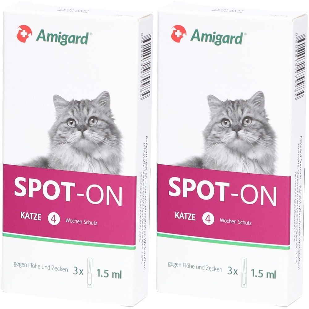 Zwei Schachteln mit Produkt für Katzen. Aufdruck: Amigard, SPOT-ON, KATZE, 4 Wochen Schutz. Enthält 3 x 1,5 ml.