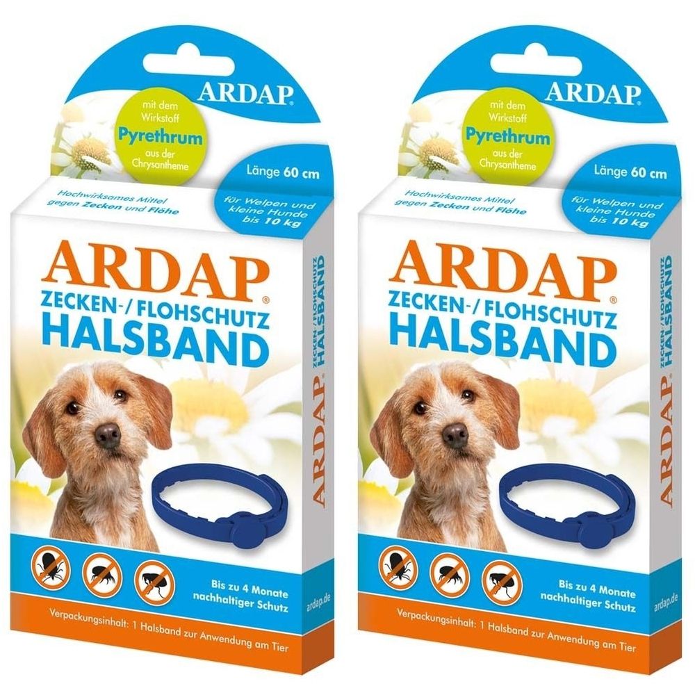Zwei Produktverpackungen mit Hundehalsbändern. Aufschrift: ARDAP Zecken- und Flohschutz Halsband. Enthält Pyrethrum. Für kleine Hunde bis 10 kg.
