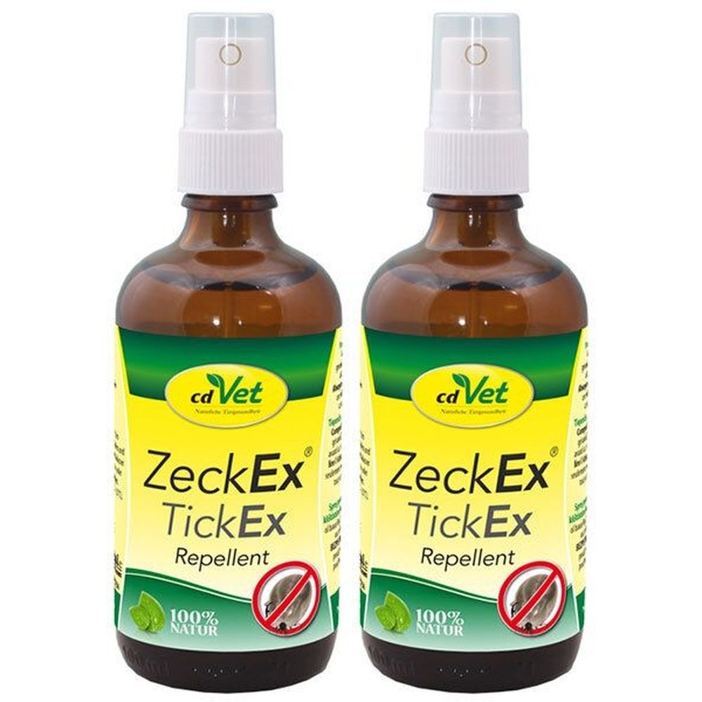 Zwei braune Sprühflaschen mit weißem Sprühkopf. Auf den Etiketten steht "cd Vet ZeckEx TickEx Repellent".