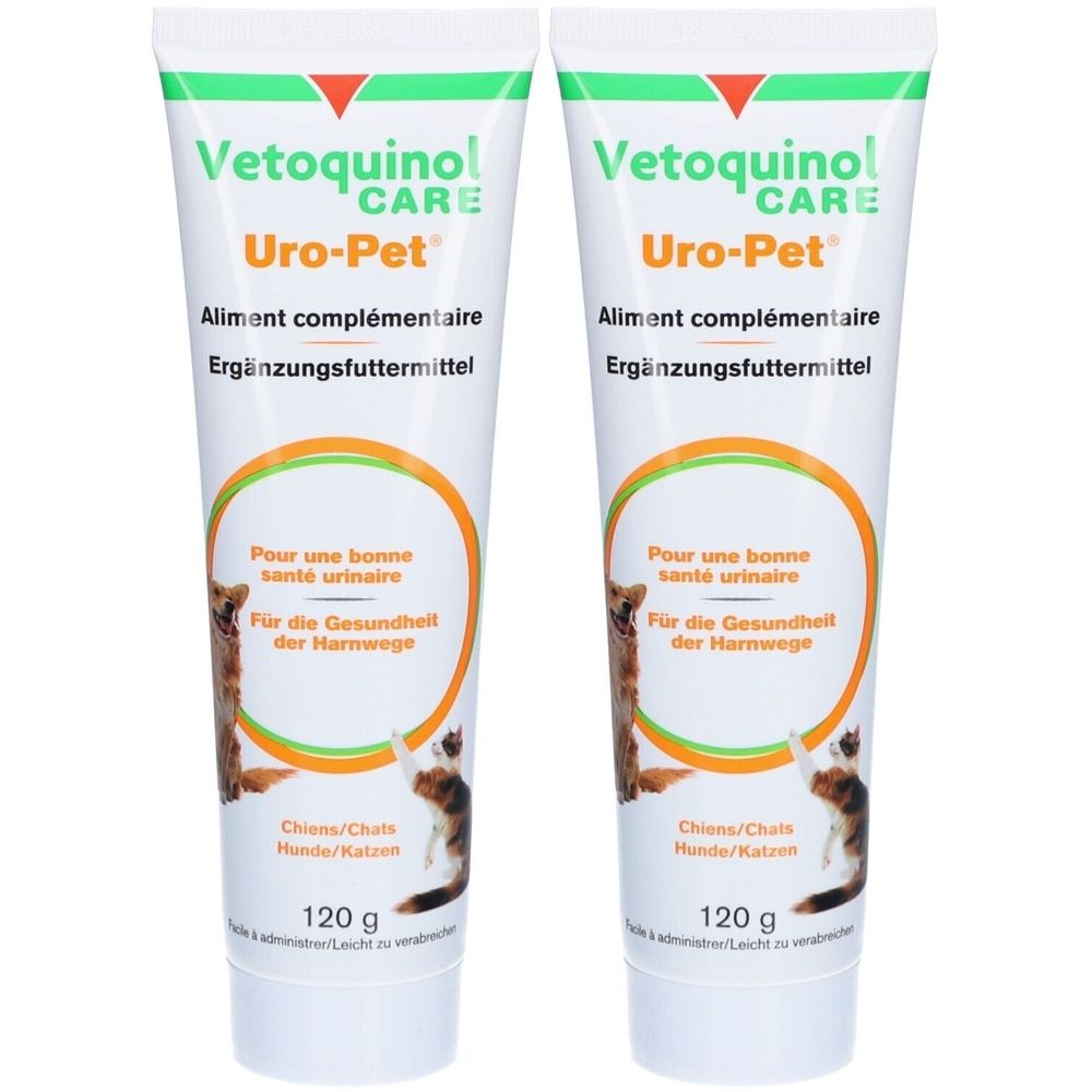 Zwei Tuben Uro-Pet. Weiße Tuben mit grüner und orangefarbener Beschriftung. Text: Vetoquinol CARE, Uro-Pet, 120 g.
