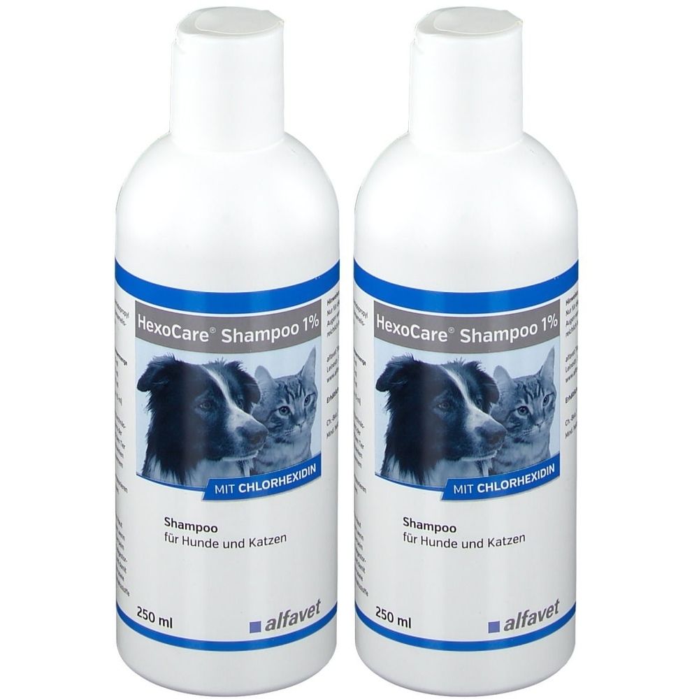 Zwei weiße Flaschen HexoCare Shampoo 1% für Hunde und Katzen. Mit Abbildung von Hund und Katze. 250 ml, alfavet.