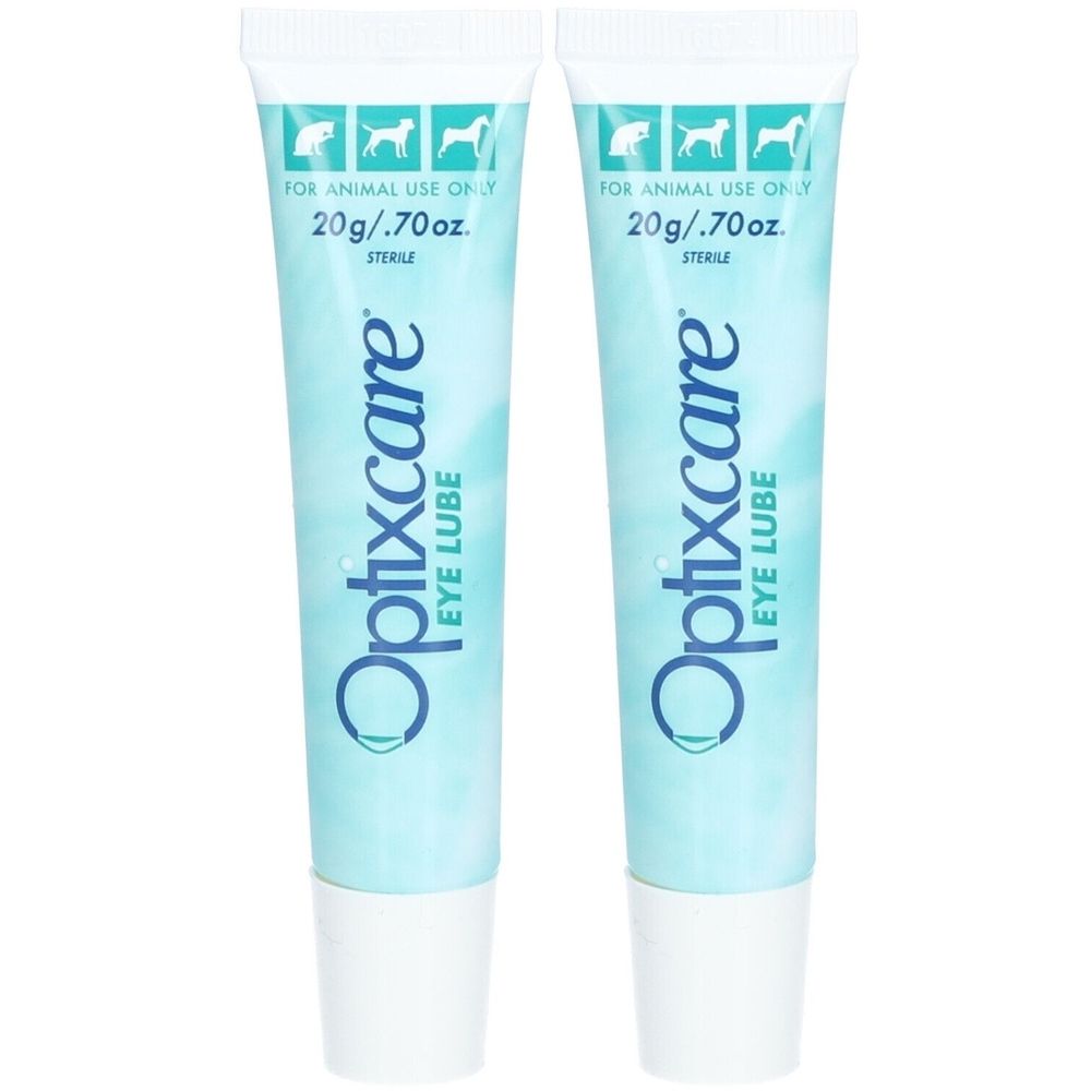 Zwei Tuben Optixcare Eye Lube. Hellblaue Tuben mit weißem Verschluss. Aufschrift: "FOR ANIMAL USE ONLY".