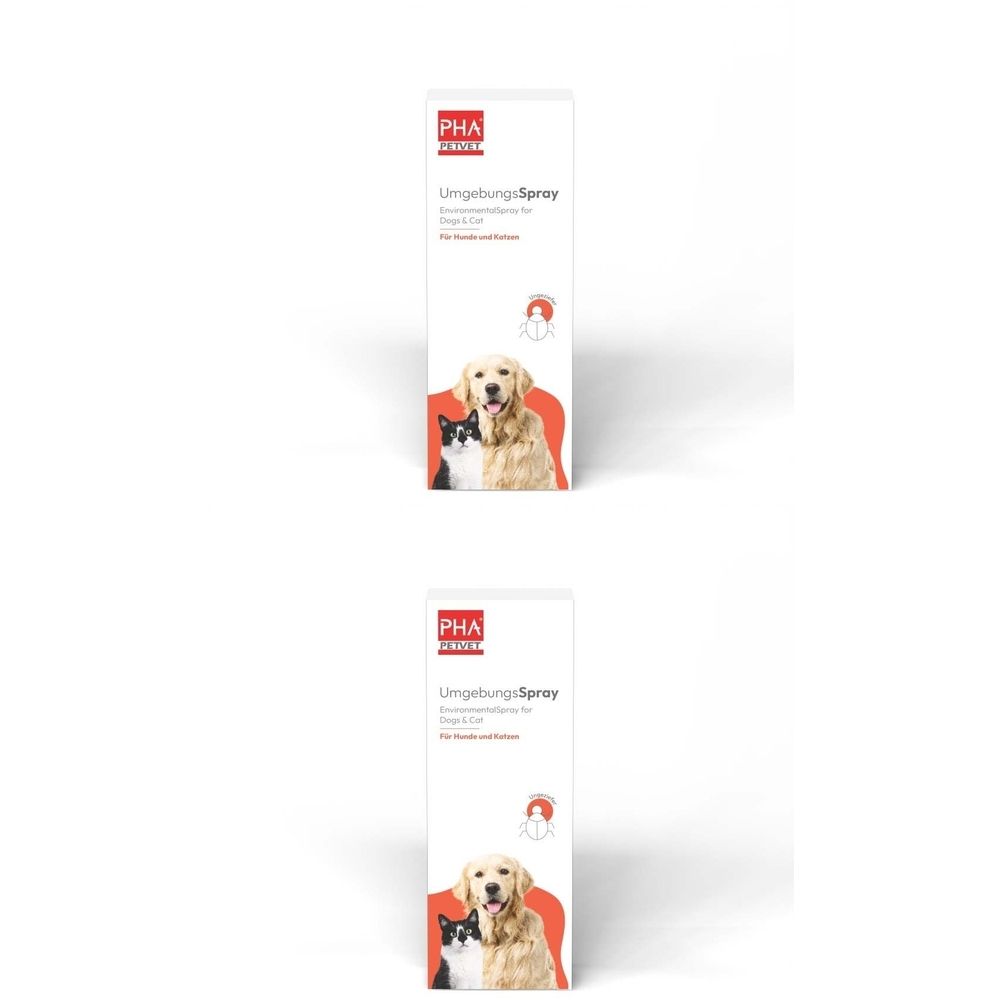 Weißes Spray-Fläschchen mit rotem Logo und Produktbezeichnung. Abbildung eines Hundes und einer Katze. Text: UmgebungsSpray.