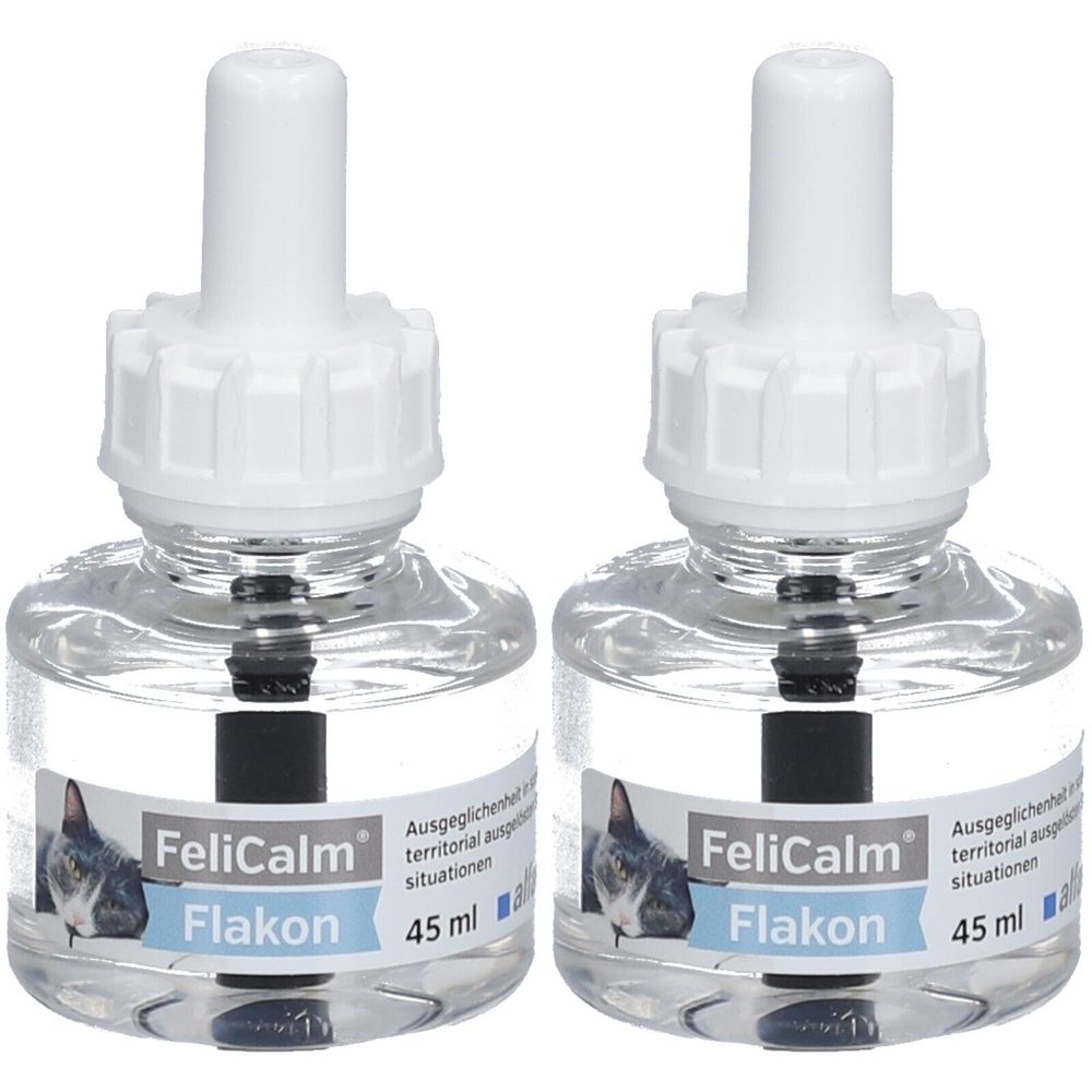 Zwei Flakons mit weißem Verschluss. Aufschrift FeliCalm Flakon, 45 ml. Mit Katzenabbildung.
