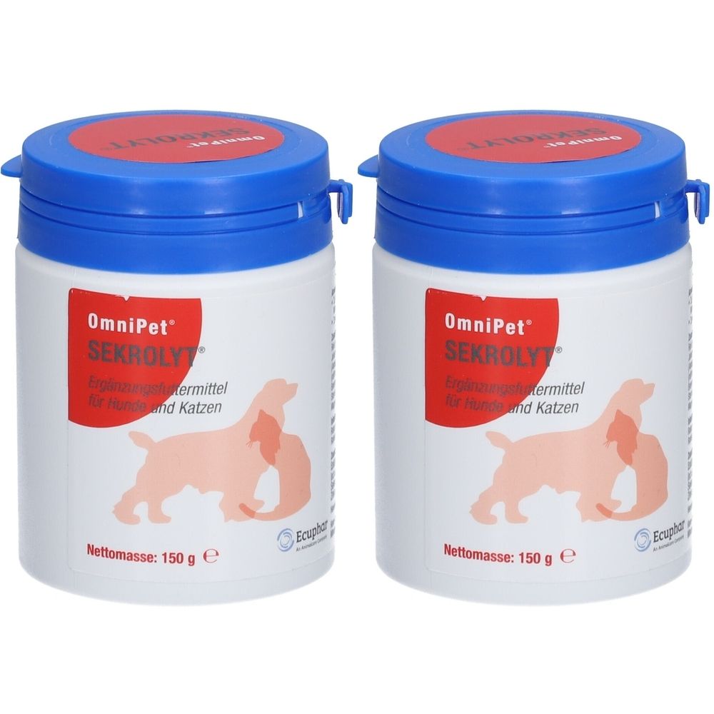 Zwei weiße Dosen mit blauem Deckel. Aufschrift: OmniPet Sekrolyt. Illustration eines Hundes. Nettomasse 150 g.