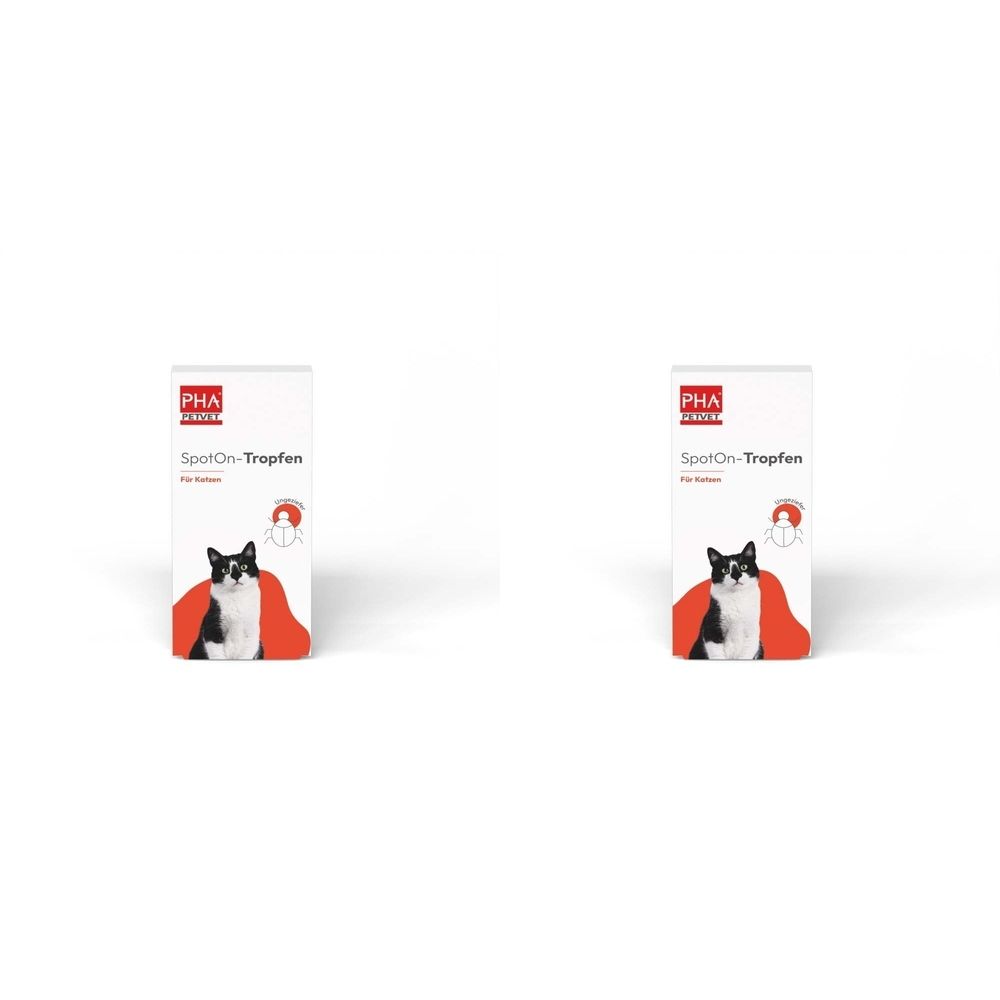 Zwei identische weiße Schachteln. Auf jeder Schachtel steht "PHA" und "SpotOn-Tropfen". Ein schwarz-weißes Katzenbild ist auf der Vorderseite.