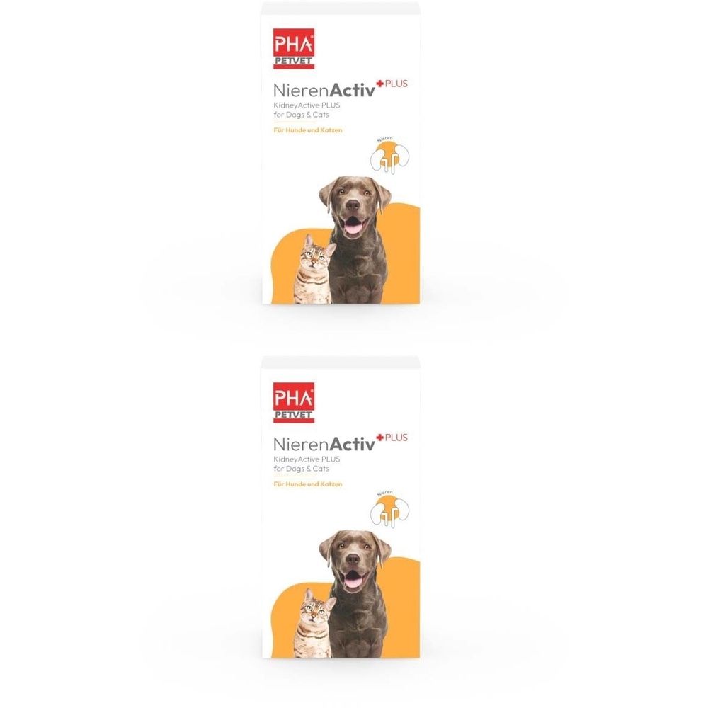 Produktverpackung mit Logo und Produktnamen. Abbildung von Hund und Katze. Text: NierenActiv plus für Hunde und Katzen.