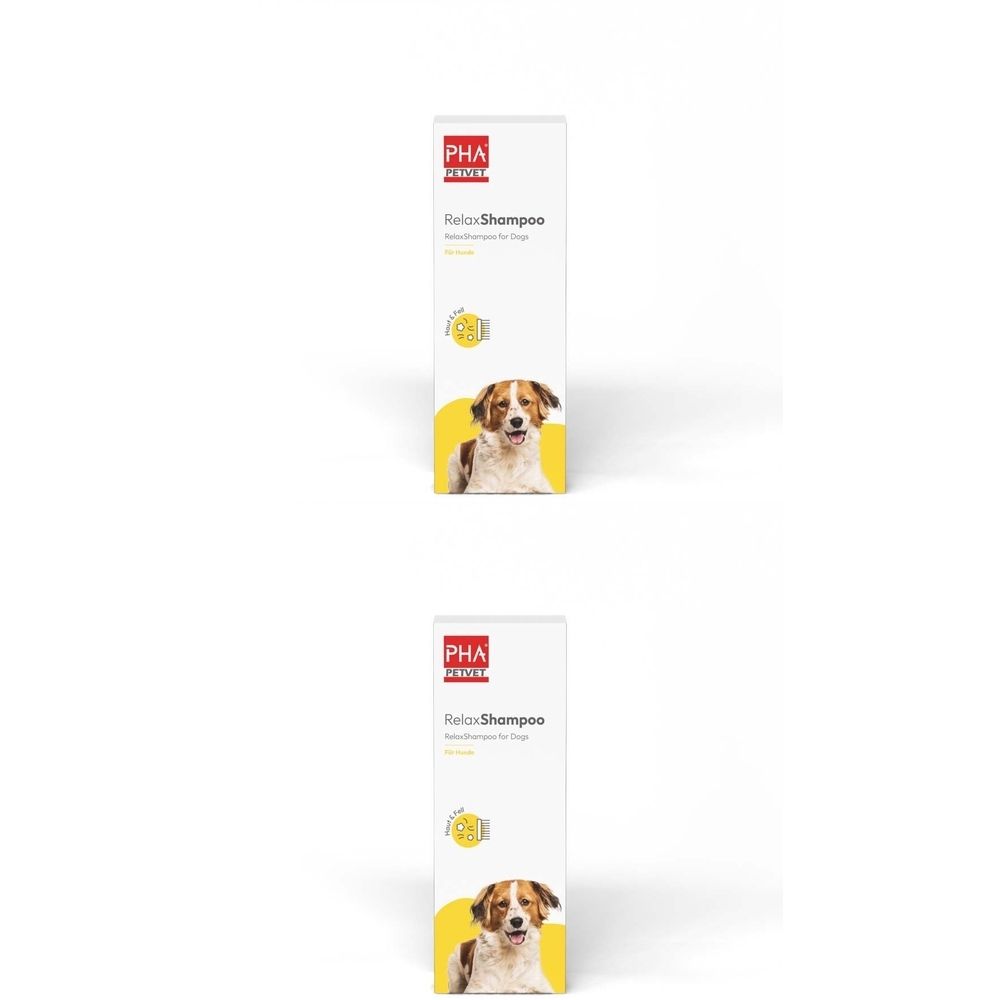 Zwei Packungen PHA RelaxShampoo für Hunde. Weiße Verpackung mit Logo und Produktbezeichnung. Gelbes Hundeportrait.