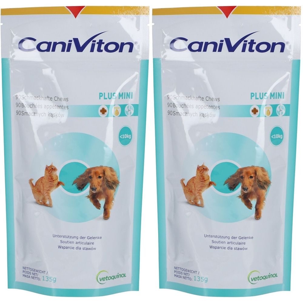 Zwei Beutel CaniViton Plus Mini. Aufdruck mit Produktnamen, Abbildungen von Katze und Dackel, sowie Text in mehreren Sprachen.