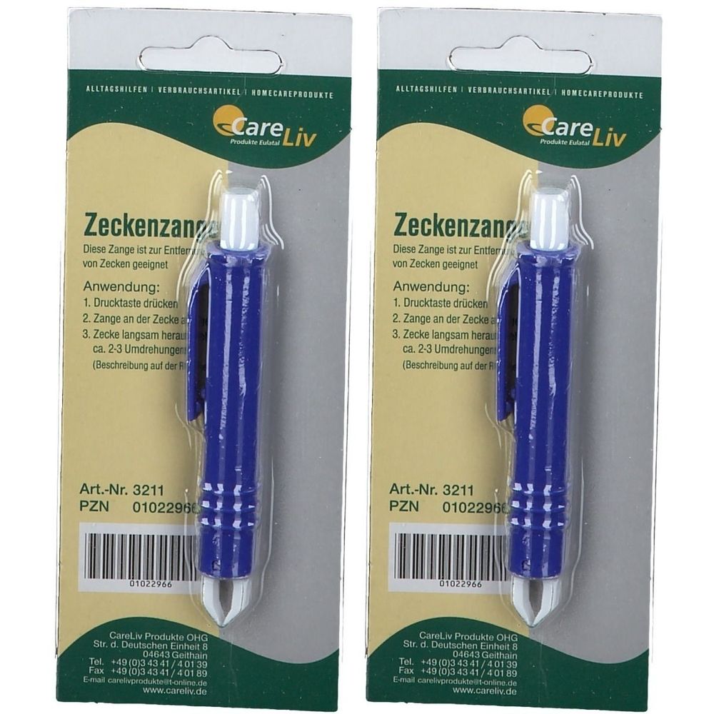 Zwei Zeckenzangen in Blisterverpackung. Blaue Griffe, weiße Spitze. Aufschrift: Zeckenzange, Care Liv.