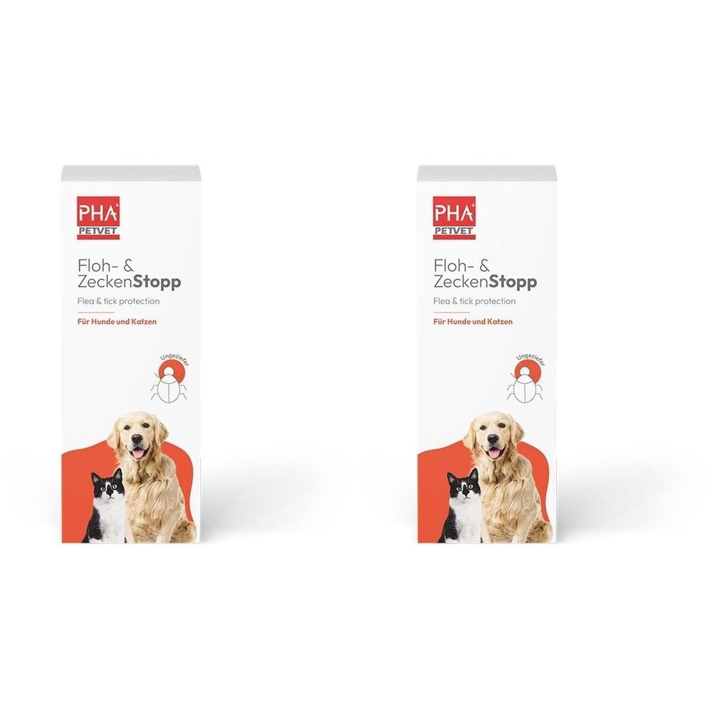 Zwei weiße Verpackungen mit roter und schwarzer Grafik. Aufschrift: PHA Floh- & ZeckenStopp. Abgebildet sind Hund und Katze.
