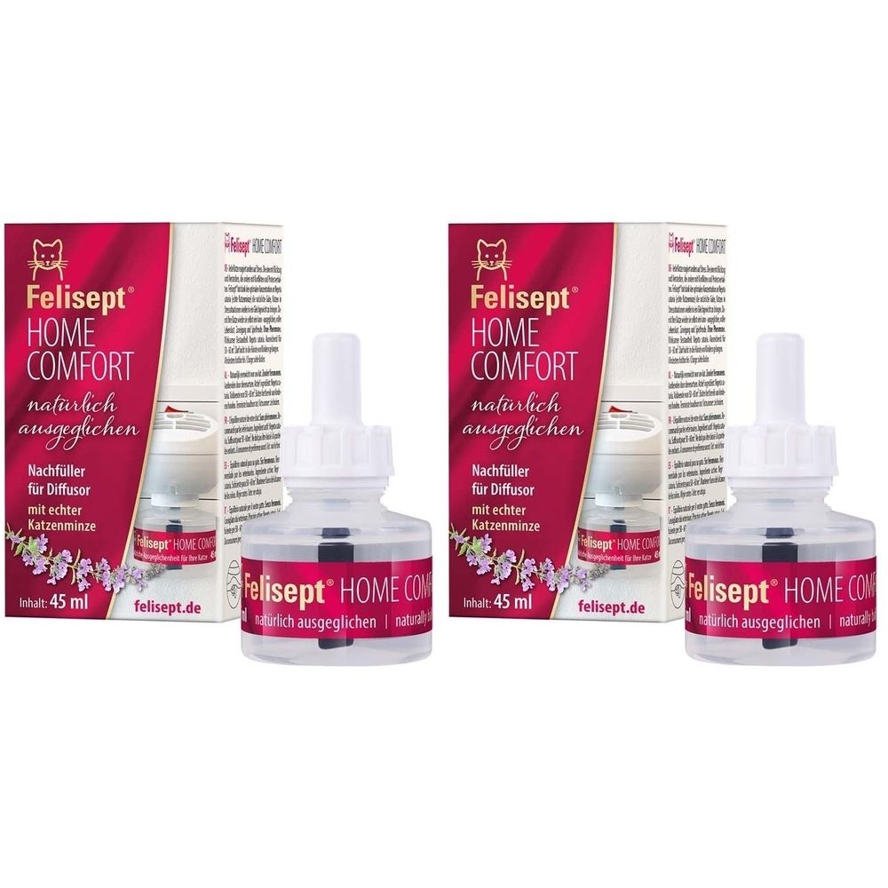 Zwei Flakons und Verpackungen. Aufschrift: Felisept HOME COMFORT, Nachfüller für Diffusor. Inhalt: 45 ml. Mit Katzenminze.