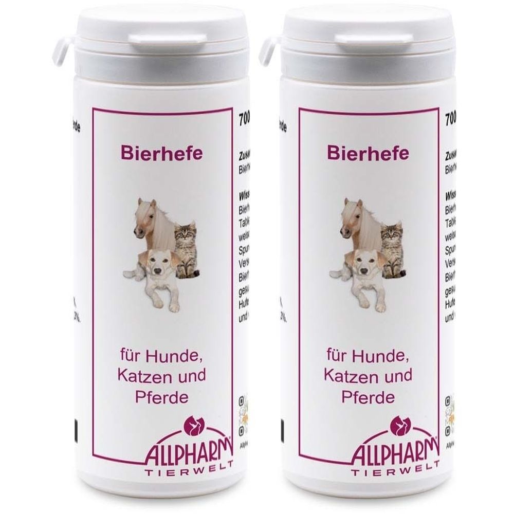 Zwei weiße Tablettenbehälter mit Deckel. Aufschrift: Bierhefe für Hunde, Katzen und Pferde. Logo: ALLPHARM TIERWELT.
