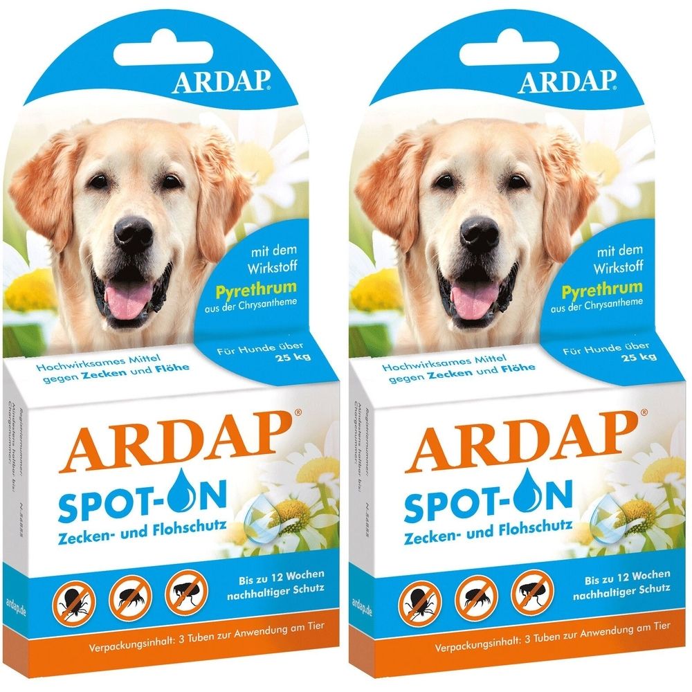 Zwei Packungen ARDAP Spot-On für Hunde. Aufdruck: Hund, Gänseblümchen, Pyrethrum, Zecken- und Flohschutz. 3 Tuben.