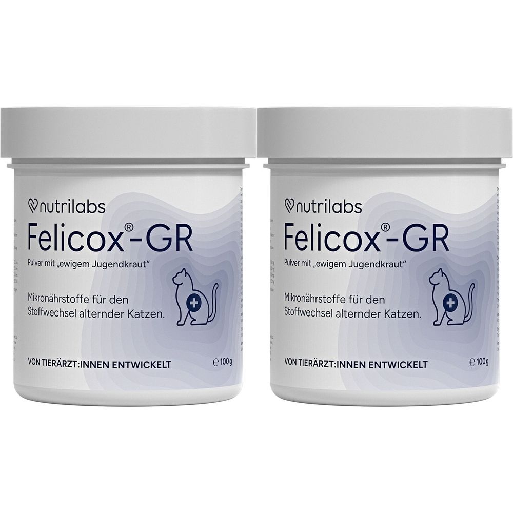 Zwei weiße Dosen Felicox-GR. Aufschrift: nutrilabs, Felicox-GR, Mikronährstoffe für den Stoffwechsel alternder Katzen. Mit Katzen-Symbol.