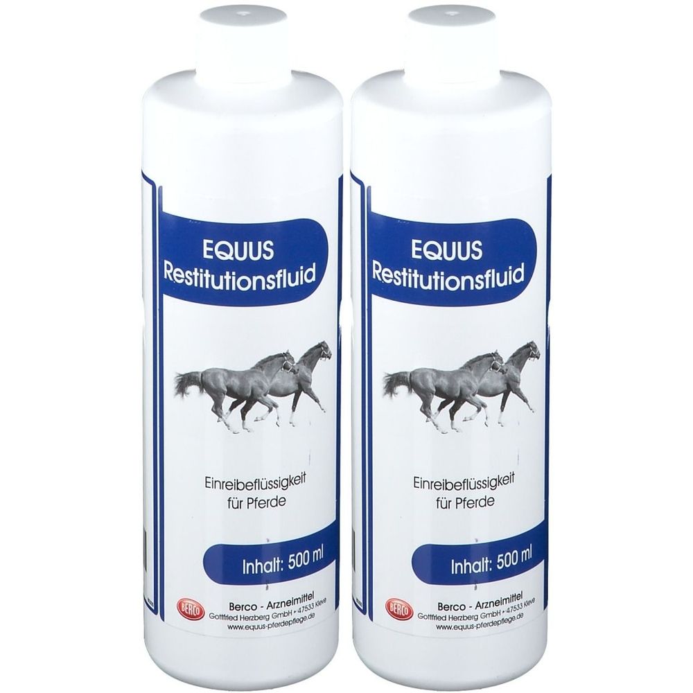 Zwei weiße Flaschen mit Etiketten. Auf den Etiketten steht "EQUUS Restitutionsfluid" und ein Bild von Pferden.