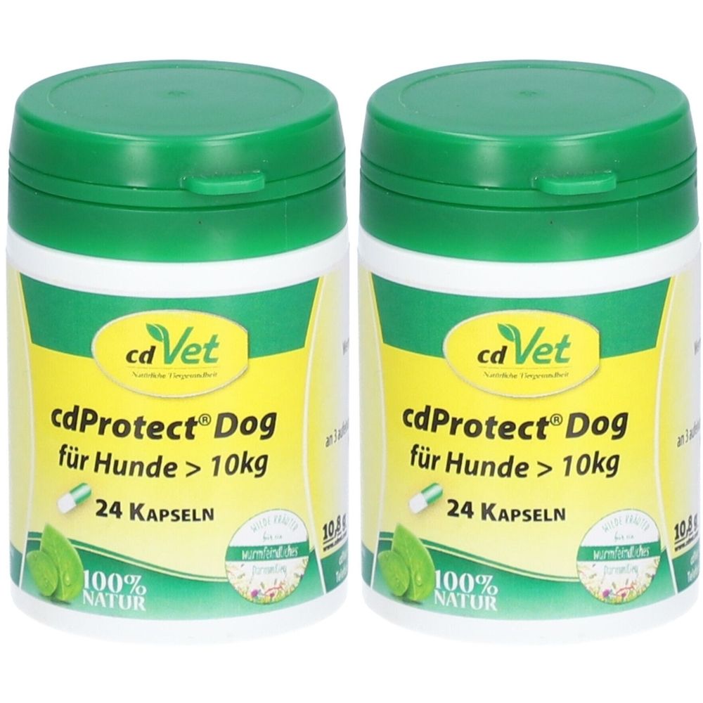 Zwei weiße Dosen mit grünem Deckel. Aufschrift: cdVet cdProtect Dog für Hunde > 10kg, 24 Kapseln. Logo: cdVet.