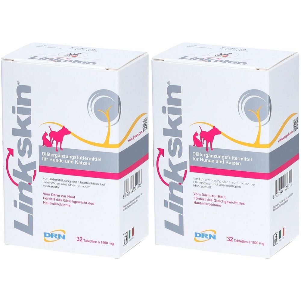 Zwei weiße Kartons mit der Aufschrift Linkskin. Aufdruck: Ergänzungsfuttermittel für Hunde und Katzen. 32 Tabletten.
