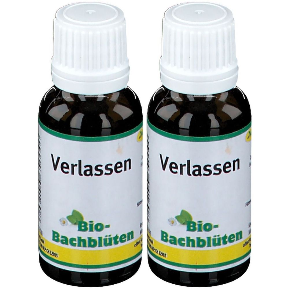 Zwei braune Glasflaschen mit weißen Deckeln. Etiketten mit der Aufschrift "Verlassen" und "Bio-Bachblüten".