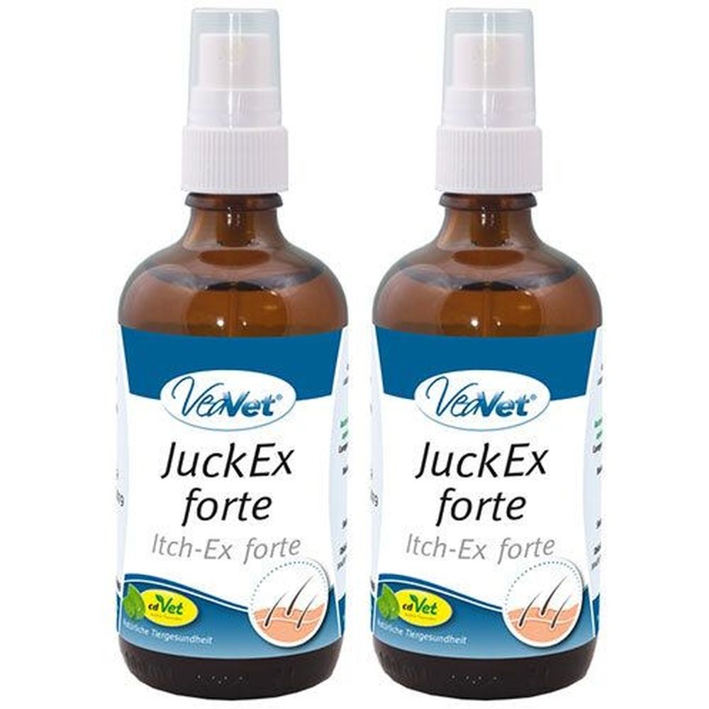Zwei braune Flaschen mit Sprühkopf. Auf dem Etikett steht "VeVet JuckEx forte Itch-Ex forte".