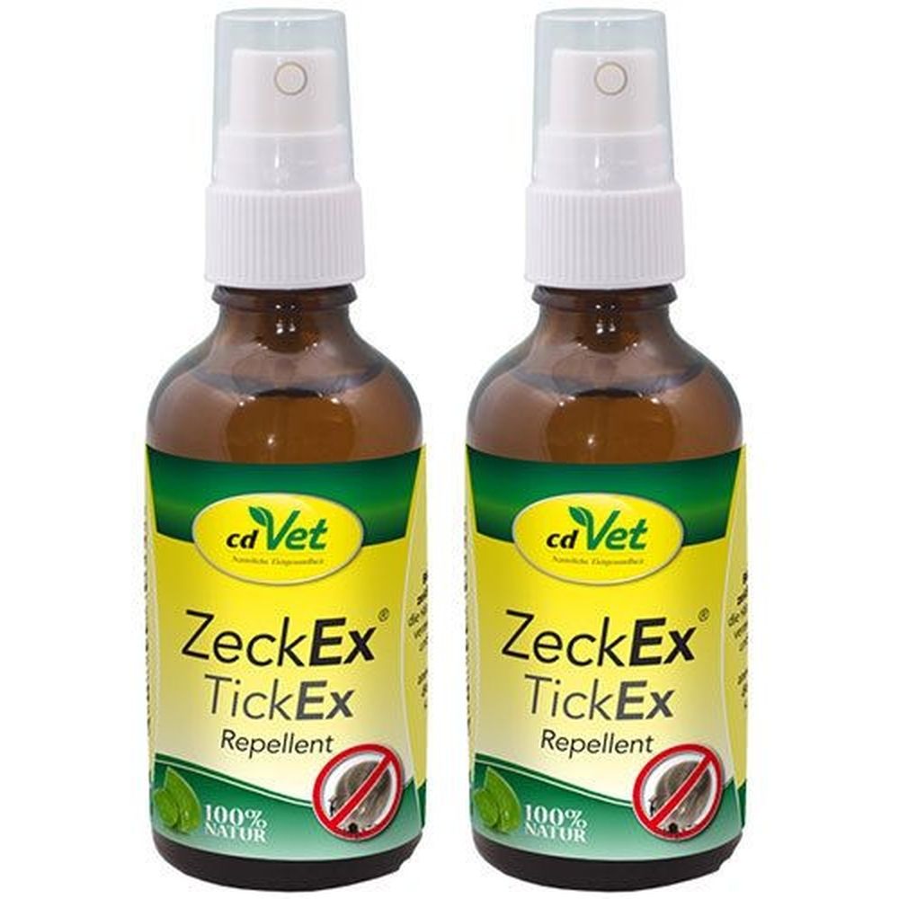 Zwei braune Sprühflaschen mit weißem Sprühkopf. Auf dem Etikett steht "cd Vet ZeckEx TickEx Repellent".