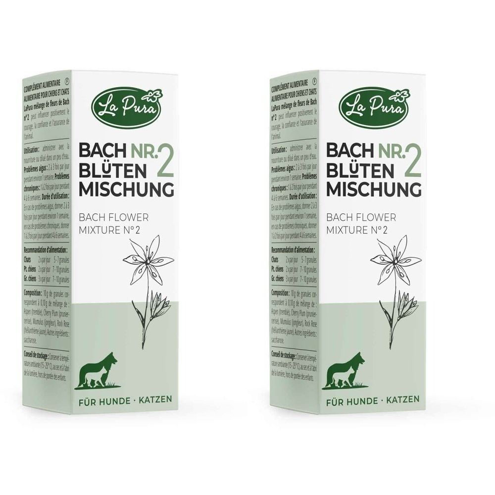 Zwei rechteckige Verpackungen. Aufschrift: La Pura, Bach Nr. 2 Blütenmischung, Bach Flower Mixture N°2. Für Hunde und Katzen.