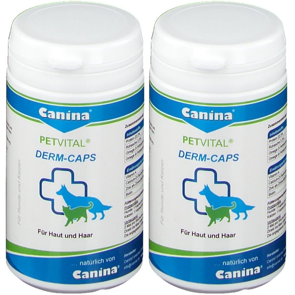 Zwei weiße Behälter mit blau-weißer Beschriftung. Aufschrift: PETVITAL DERM-CAPS, Canina. Illustration von Hund und Katze. Für Haut und Haar.