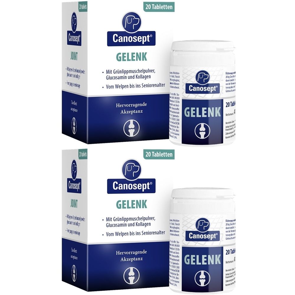 Zwei Packungen und zwei Dosen Canosept Gelenk-Tabletten. Aufschrift: Gelenk, 20 Tabletten. Enthält Grünlippmuschelpulver, Glucosamin und Kollagen.