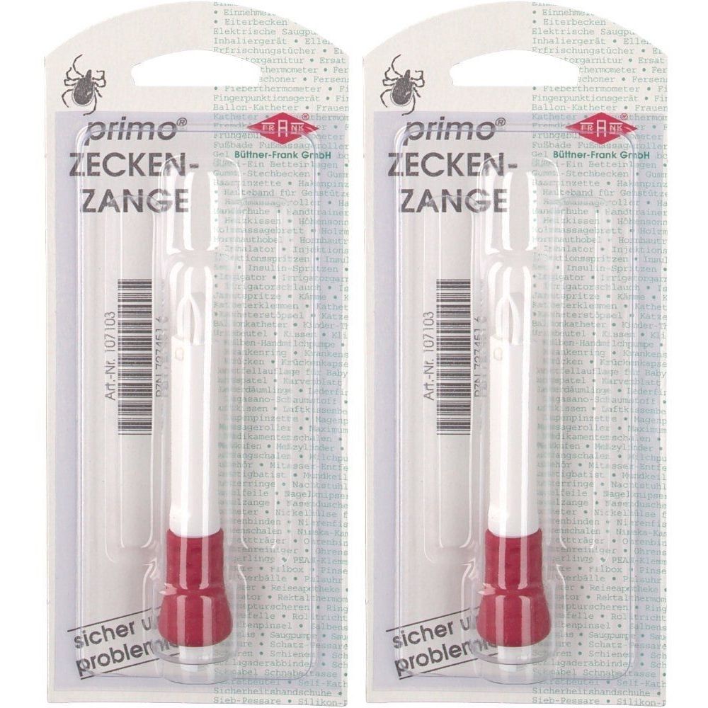 Zwei Zeckenzangen in Blisterverpackung. Weiß-rotes Design. Produktname und Herstellerangaben sichtbar.