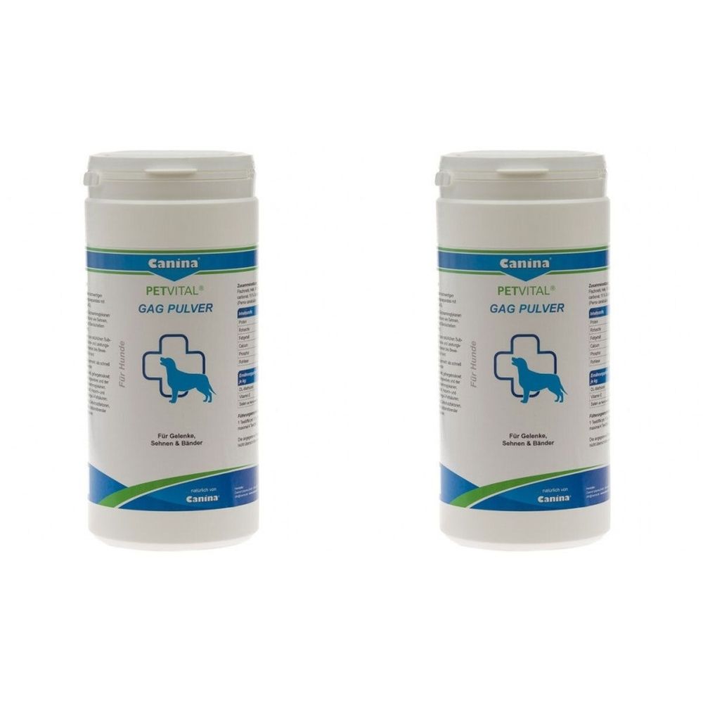 Zwei weiße Behälter mit blau-grüner Beschriftung. Aufschrift: Canina PETVITAL GAG PULVER. Logo: Hund in Kreuz.
