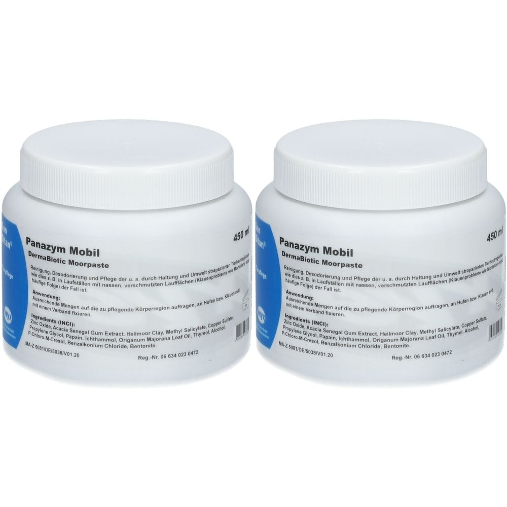 Zwei weiße Tiegel mit Schraubverschluss. Aufschrift: Panazym Mobil, DermoBiotic Moorpaste. Blaue Etiketten mit Text. 450 ml.