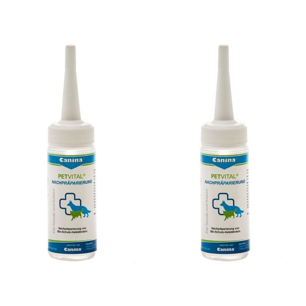 Zwei Flaschen mit weißem Applikator. Blaue und grüne Etiketten mit Text und Logo. Aufschrift: Canina PETVITAL Nachpräparierung.