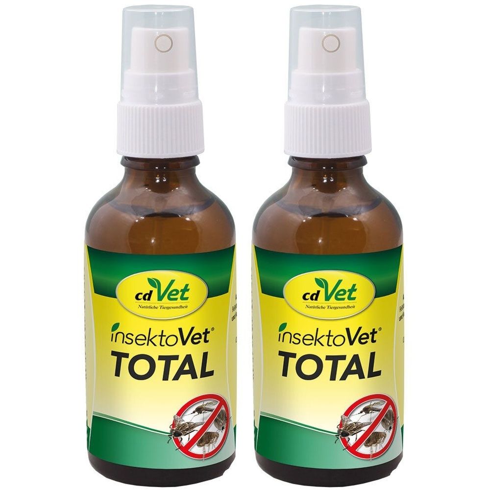 Zwei braune Sprühflaschen mit weißem Sprühkopf. Aufschrift: cd Vet, insektoVet TOTAL. Abbildung von Insekten.