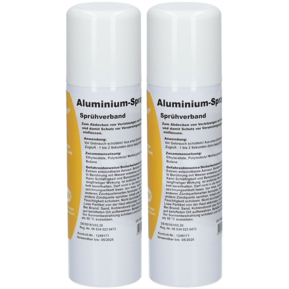 Zwei weiße Sprühdosen mit gelben Etiketten. Aufschrift: Aluminium-Spray, Sprühverband. Text in deutscher Sprache.