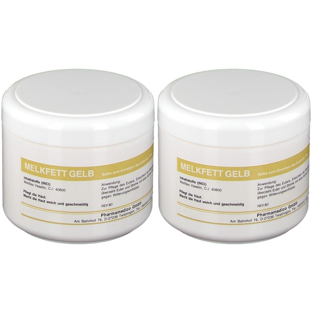 Zwei weiße Tiegel mit gelbem Etikett. Aufschrift: Melkfett Gelb. Text in deutscher Sprache. Deckel weiß, rund.