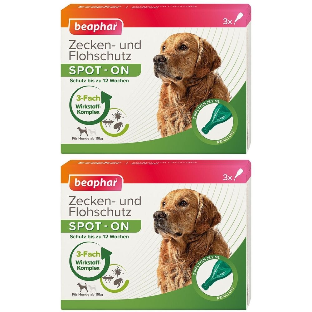Zwei Produktverpackungen mit Hundefoto. Text: Zecken- und Flohschutz SPOT-ON, 3-Fach Wirkstoff-Komplex. Marke: beaphar.