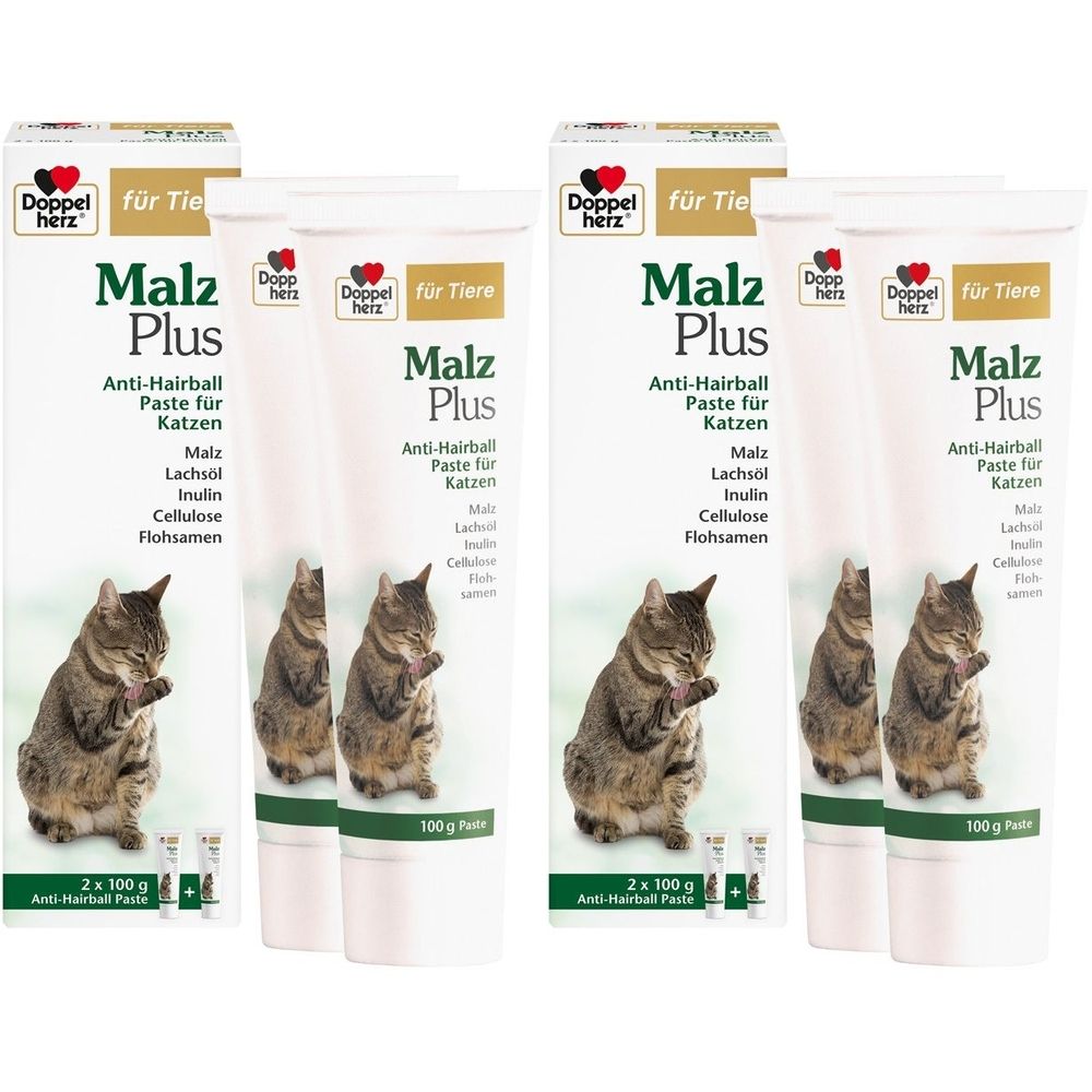 Mehrere Tuben Malz Plus für Katzen. Weiße Tuben mit Produktinformationen und Katzenabbildung. Kartonverpackung.