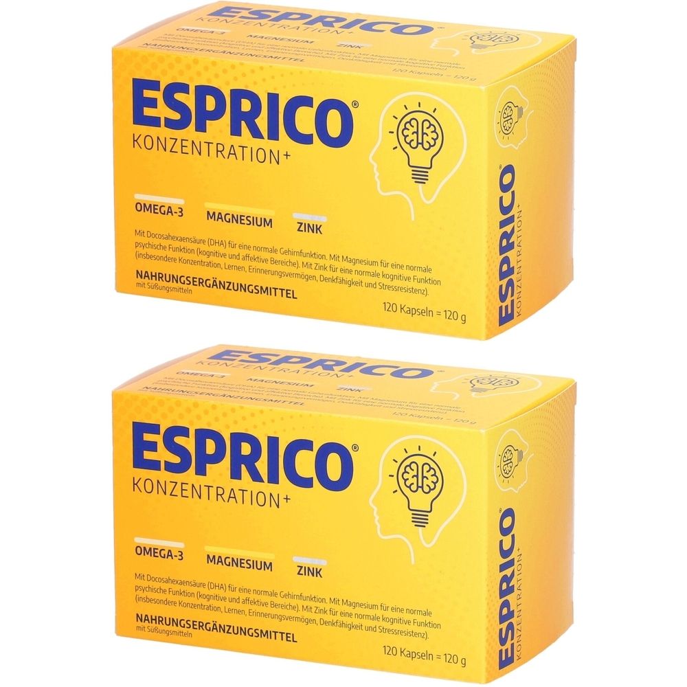 Zwei gelbe Schachteln mit der Aufschrift ESPRICO KONZENTRATION+. Enthält Omega-3, Magnesium und Zink. 120 Kapseln.