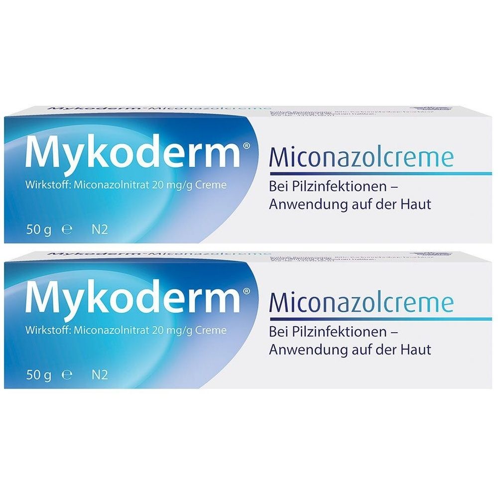 Zwei Tuben Mykoderm Miconazolcreme. Aufschrift: Wirkstoff Miconazolnitrat, 20 mg/g Creme. Bei Pilzinfektionen. Anwendung auf der Haut. 50 g.