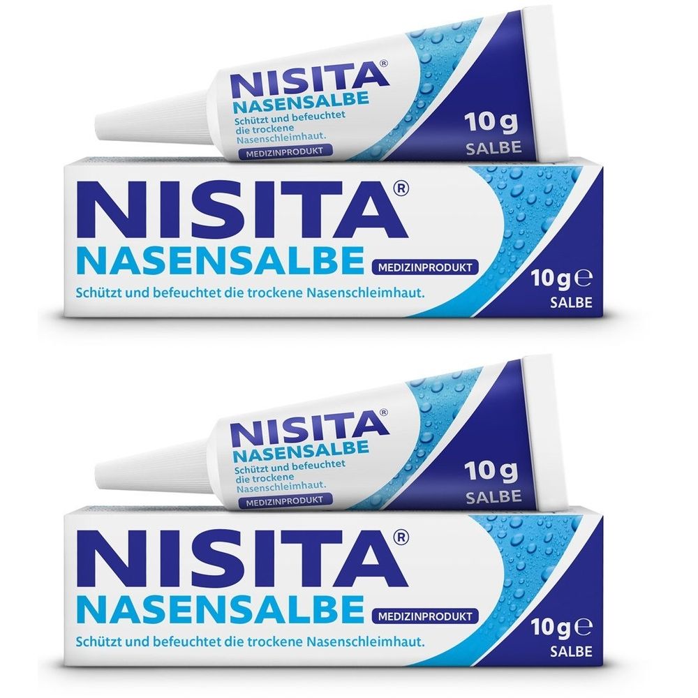 Zwei Tuben und zwei Schachteln Nisita Nasensalbe. Die Tube ist weiß mit blauem Aufdruck. Auf der Schachtel steht Nisita Nasensalbe.